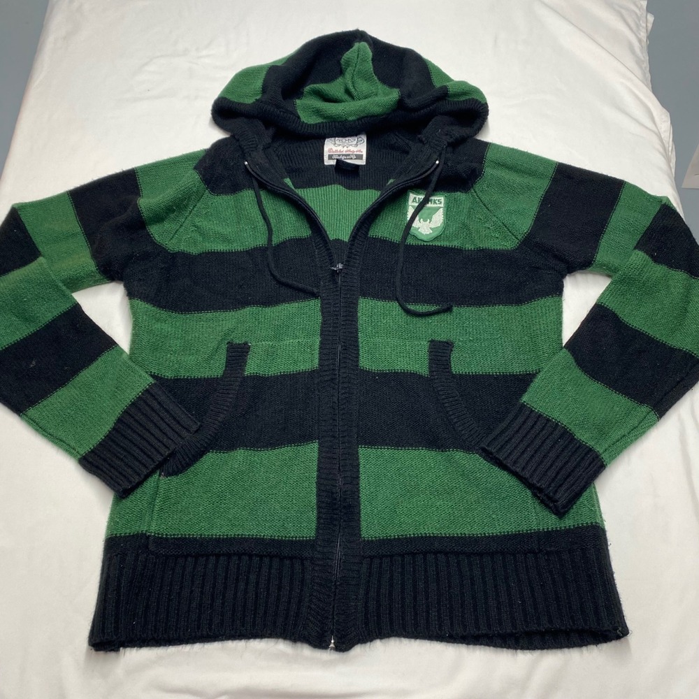 Akomks Green Black Striped Full Zip Knit Hoodie Sweater Size Large Eagle Logo